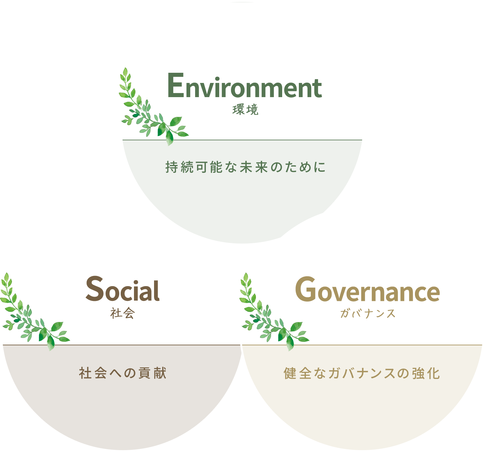 Environment 環境　持続可能な未来のために　Social 社会　社会への貢献　Governance　ガバナンス　健全なガバナンスの強化